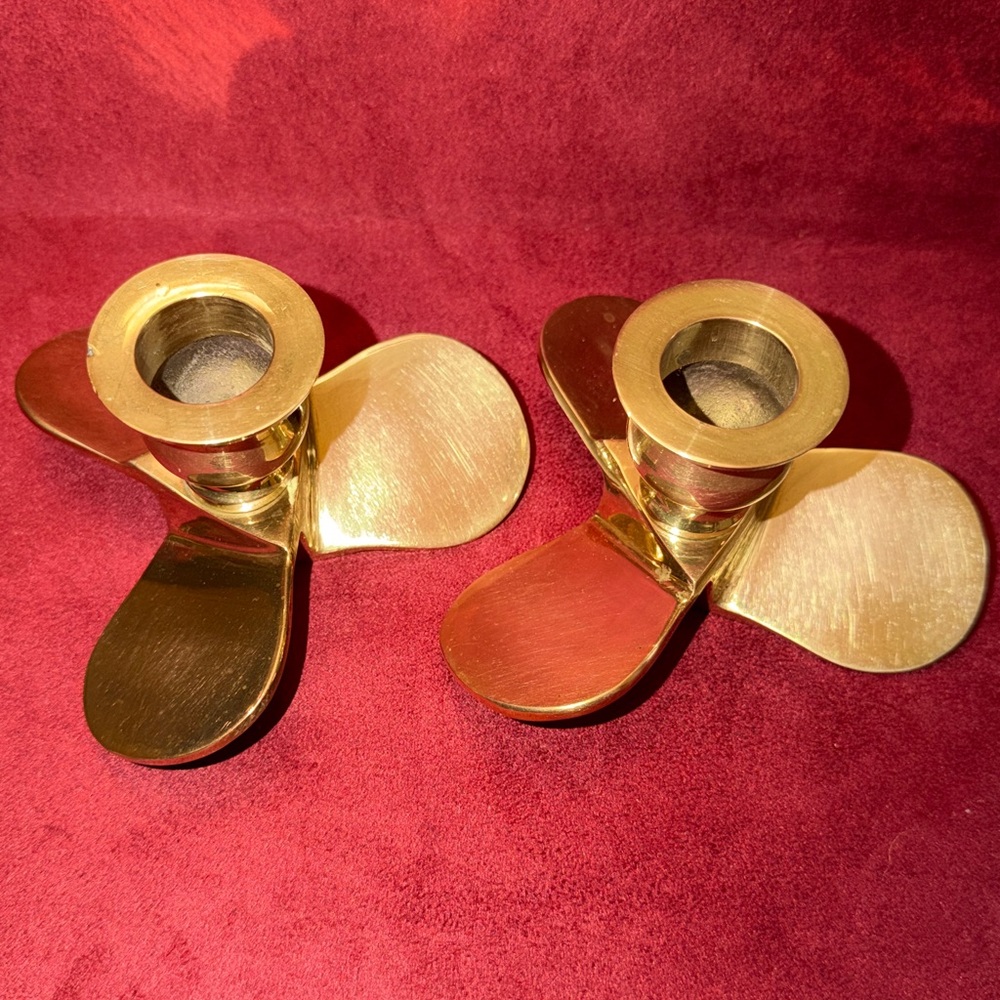 VTG Pair of Solid Brass candle holders - boat propellers